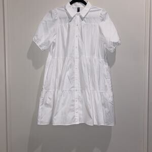 ZARA Short Flounce Shirt Dress Puff Sleeves Ruffle White SZ L